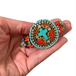 Southwestern Turquoise Cross & Red Coral Native American Bracelet